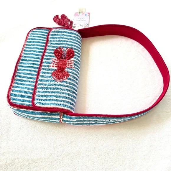 Viral Beaded Light Blue & White Striped Lobster Bag w/ Beaded Lobster Bag Charm - Picture 9 of 15